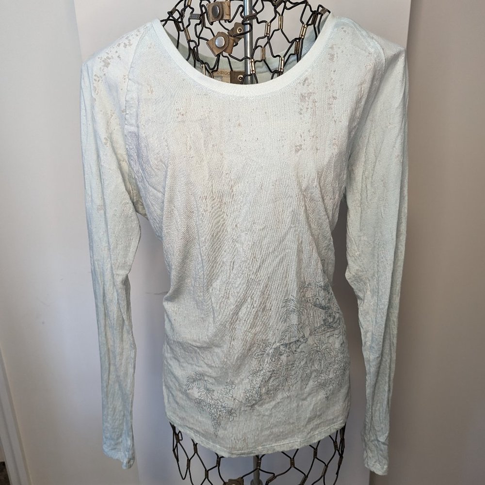 Indigo Palms Peacock Print Distressed top NWOT XL